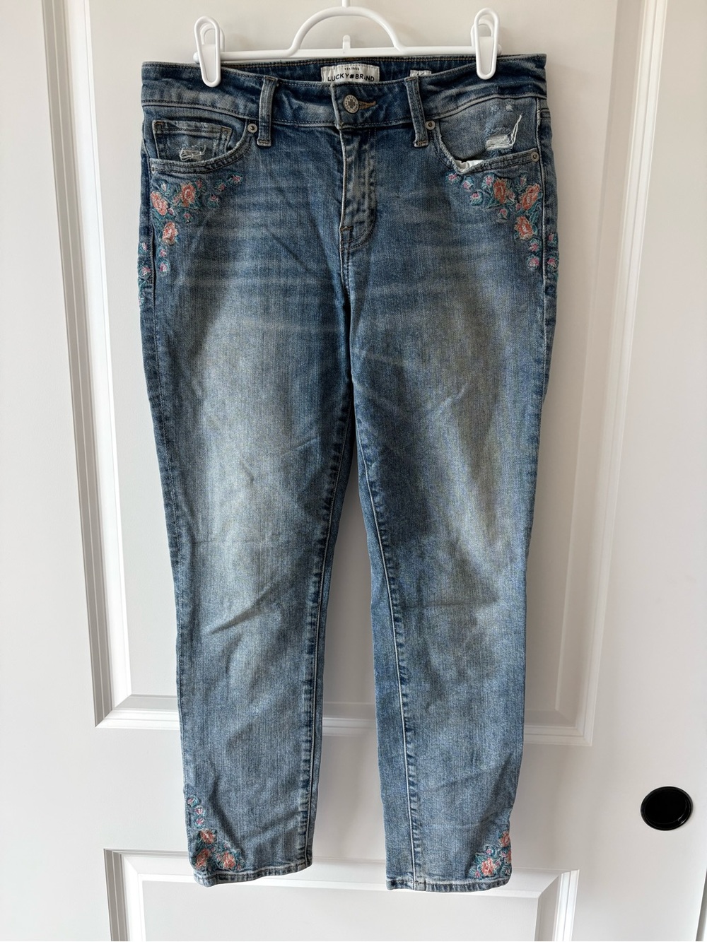 Lucky Brand Blue Ankle Jeans with Pink Rose Embroidery
